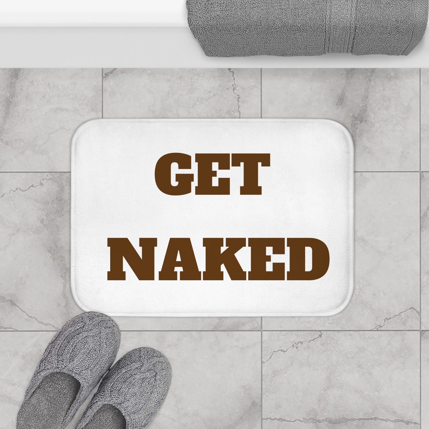 Get Naked Bath Mat — Funny Brown Bathroom Rug with Bold Text